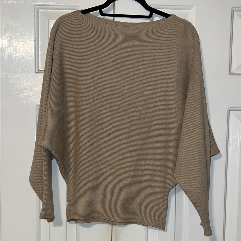 Tan Off-the-Shoulder Sweater with Batwing Sleeves and Relaxed Fit